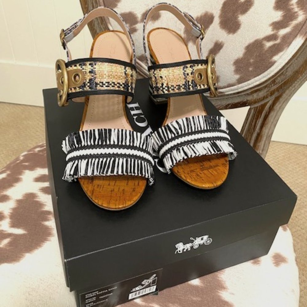 COACH Robin C-Buckle Raffia Slingback Sandals